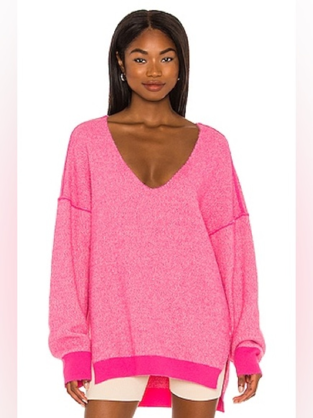 Free People Sweater Weather V Neck in Hot Pink Combo